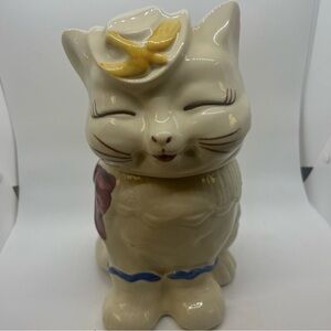 Cream Ceramic Cat Figurine with Yellow Accent - Decorative Home Accent